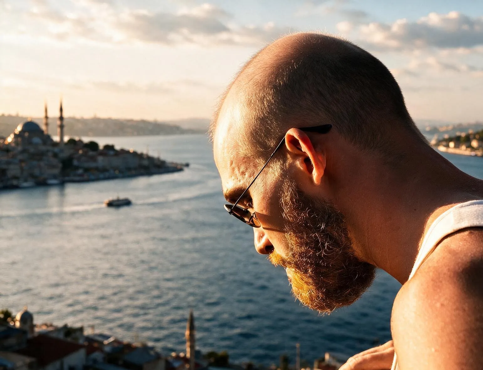 Close profile view of a man overlooking Istanbul at golden hour